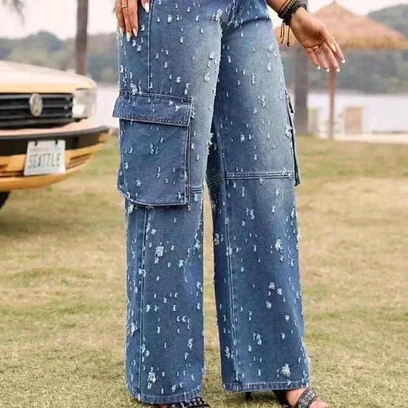 Blue Preppy Women's Ripped Workwear Pocket Denim Jeans - Picture 4 of 5